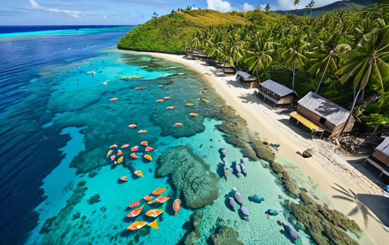 **
"A vibrant underwater scene showcasing a healthy Fijian coral reef teeming with colorful fish and marine life. Above, a drone flies overhead, capturing data for reef monitoring. In the background, a traditional Fijian village is visible along the coastline, symbolizing the community's connection to the ocean."
**