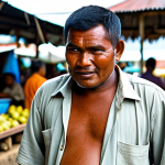 A Fijian man, fully clothed in a modest, traditional sulu jaba, standing naturally in a vibrant local market, engaged in a casual conversation. The sulu is simple yet elegant, flowing softly with movement. The background features blurred market stalls and warm natural light. This image is safe for work, appropriate content, family-friendly, with perfect anatomy, correct proportions, natural pose, well-formed hands, proper finger count, natural body proportions, professional photography, high quality, and clear details.