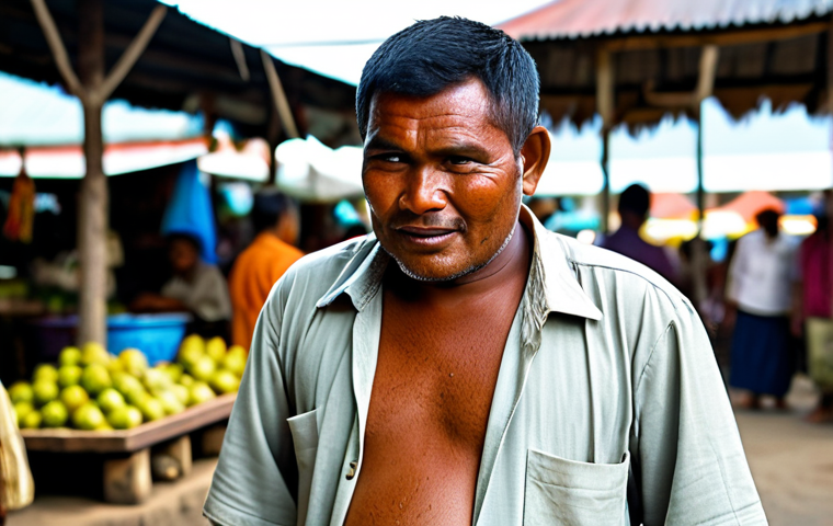 A Fijian man, fully clothed in a modest, traditional sulu jaba, standing naturally in a vibrant local market, engaged in a casual conversation. The sulu is simple yet elegant, flowing softly with movement. The background features blurred market stalls and warm natural light. This image is safe for work, appropriate content, family-friendly, with perfect anatomy, correct proportions, natural pose, well-formed hands, proper finger count, natural body proportions, professional photography, high quality, and clear details.