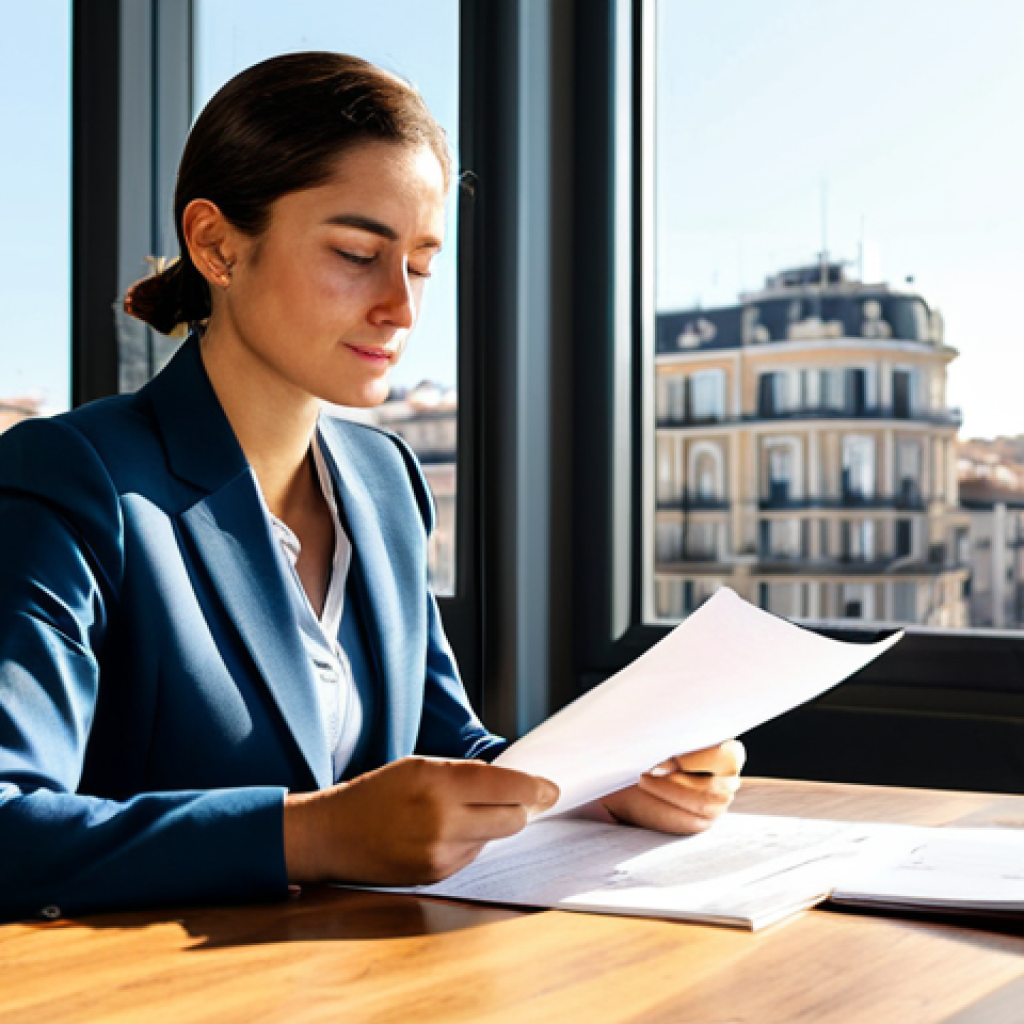 **

"A professional woman in a modest, tailored business suit, sitting at a large wooden desk in a bright, modern office in Madrid. She's reviewing documents, a warm, focused expression on her face. Sunlight streams through a large window overlooking the city. Fully clothed, appropriate attire, safe for work, perfect anatomy, natural proportions, professional photography, high quality, family-friendly."

**
