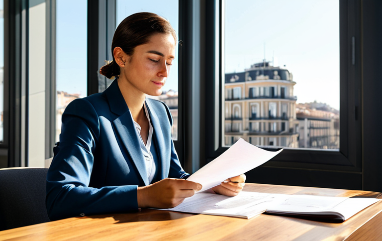 **

"A professional woman in a modest, tailored business suit, sitting at a large wooden desk in a bright, modern office in Madrid. She's reviewing documents, a warm, focused expression on her face. Sunlight streams through a large window overlooking the city. Fully clothed, appropriate attire, safe for work, perfect anatomy, natural proportions, professional photography, high quality, family-friendly."

**
