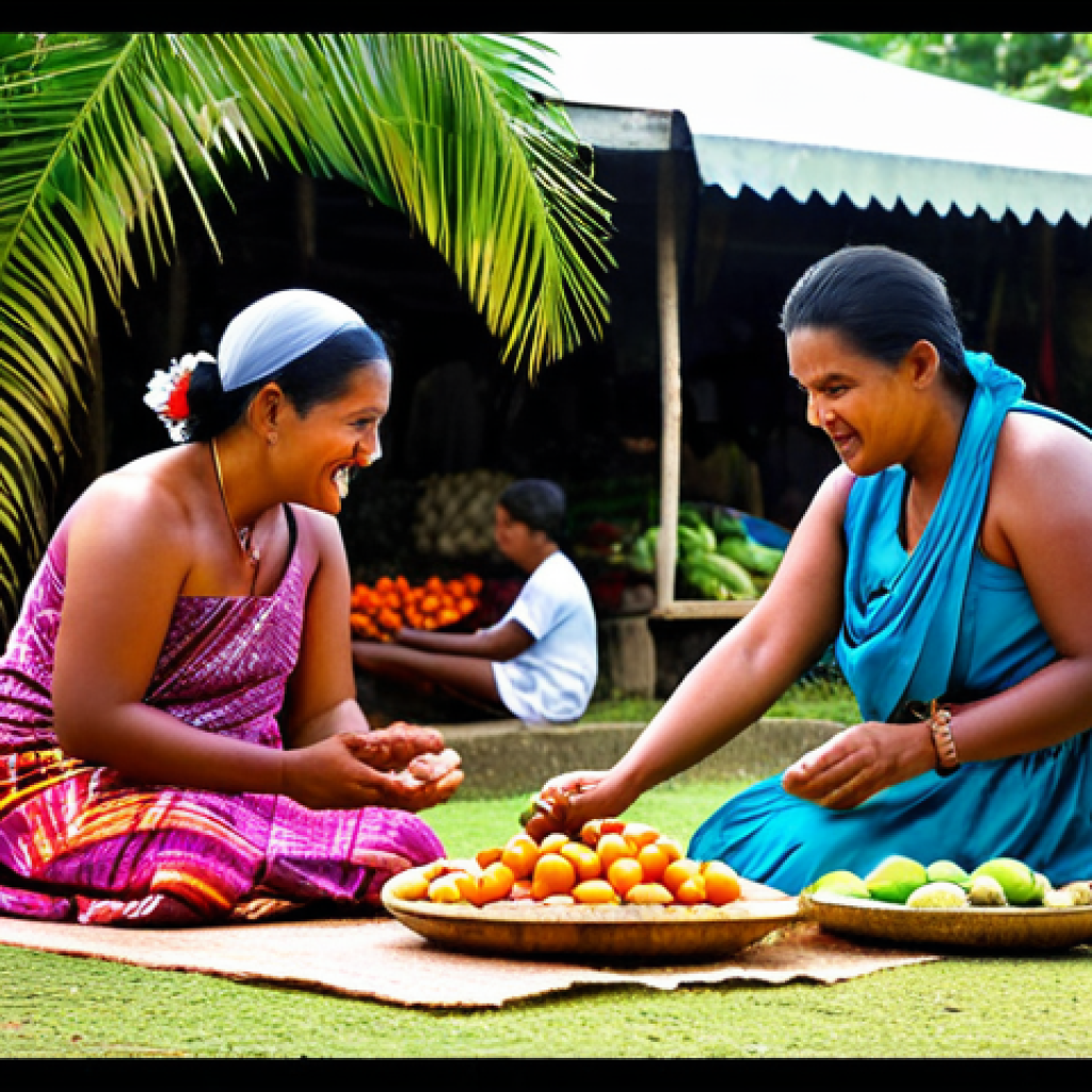 Fijian Culture**

"A vibrant market scene in Fiji, showcasing local artisans selling crafts and fresh produce, fully clothed, modest clothing, appropriate attire, safe for work, perfect anatomy, natural proportions, high quality, professional photography. Focus on the colorful textiles and friendly interactions, family-friendly, depicts a cultural ceremony taking place with people wearing traditional clothing, well-formed hands, proper finger count."

**