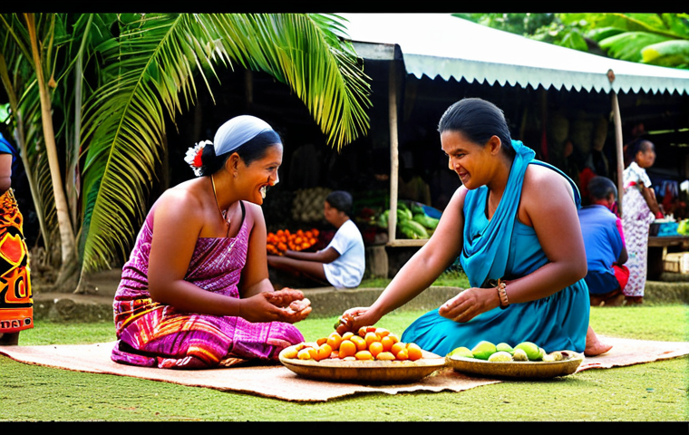 Fijian Culture**

"A vibrant market scene in Fiji, showcasing local artisans selling crafts and fresh produce, fully clothed, modest clothing, appropriate attire, safe for work, perfect anatomy, natural proportions, high quality, professional photography. Focus on the colorful textiles and friendly interactions, family-friendly, depicts a cultural ceremony taking place with people wearing traditional clothing, well-formed hands, proper finger count."

**