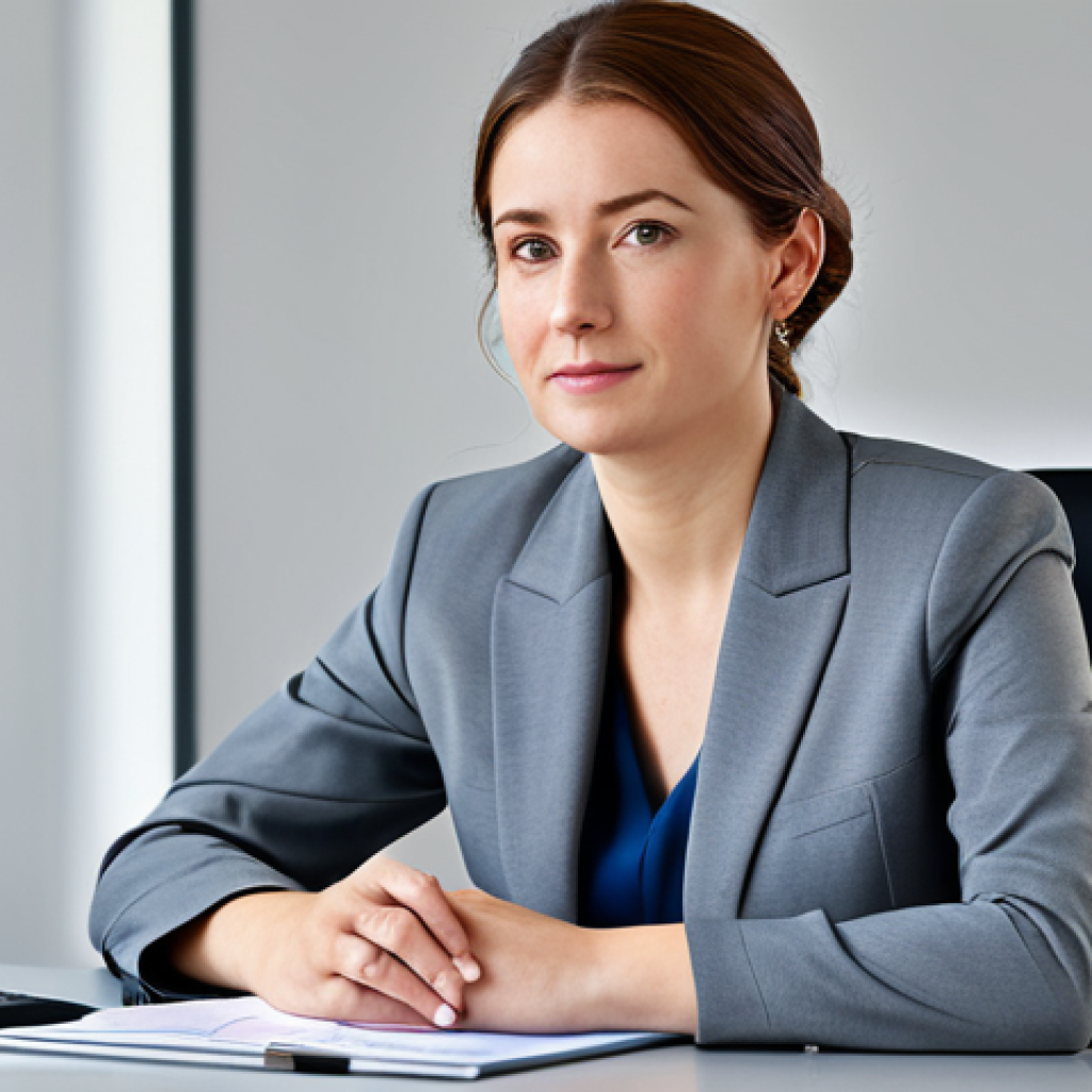 ** A professional businesswoman in a modest business suit, sitting at a desk in a modern office, fully clothed, appropriate attire, safe for work, perfect anatomy, natural proportions, professional photography, high quality.

**