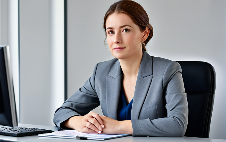 ** A professional businesswoman in a modest business suit, sitting at a desk in a modern office, fully clothed, appropriate attire, safe for work, perfect anatomy, natural proportions, professional photography, high quality.

**