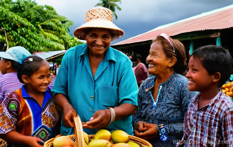 피지에서 영어 사용 가능 여부 - **Fijian Market Delights and Warm Smiles:**
    "A vibrant and bustling open-air market scene in a F...