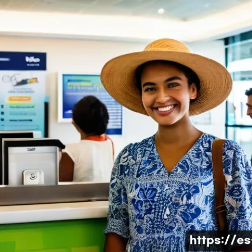 Home 24 피지에서 인터넷 사용법 - **Prompt:** A cheerful female tourist, approximately 28 years old, with sun-kissed skin and a wide-b...