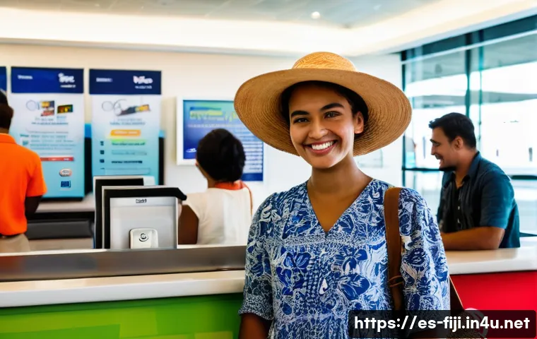 피지에서 인터넷 사용법 - **Prompt:** A cheerful female tourist, approximately 28 years old, with sun-kissed skin and a wide-b...