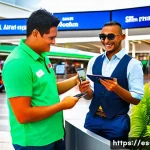 피지에서의 휴대폰 유심 구입 - A vibrant outdoor scene at Nadi International Airport in Fiji showing a friendly Vodafone Fiji custo...