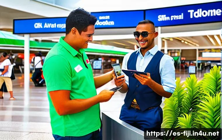 피지에서의 휴대폰 유심 구입 - A vibrant outdoor scene at Nadi International Airport in Fiji showing a friendly Vodafone Fiji custo...