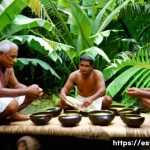 Home 21 피지 여행 중 금기사항 - A serene traditional Fijian kava ceremony scene set outdoors in a lush tropical village environment....