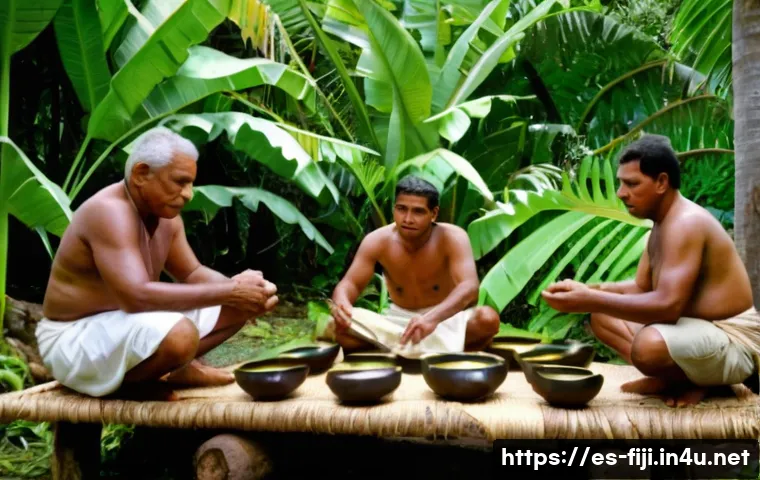 피지 여행 중 금기사항 - A serene traditional Fijian kava ceremony scene set outdoors in a lush tropical village environment....