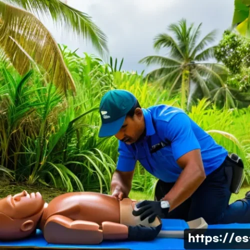 Home 32 피지에서 응급상황 시 대처 방법 - A detailed scene showing a first aid training session on a tropical Fijian island, with a diverse gr...