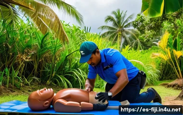 피지에서 응급상황 시 대처 방법 - A detailed scene showing a first aid training session on a tropical Fijian island, with a diverse gr...