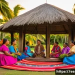 Home 19 피지 원주민과 교류하는 법 - A vibrant Fijian village ceremony scene at sunset, with local people dressed in traditional modest a...
