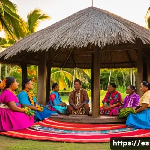 Home 31 피지 원주민과 교류하는 법 - A vibrant Fijian village ceremony scene at sunset, with local people dressed in traditional modest a...