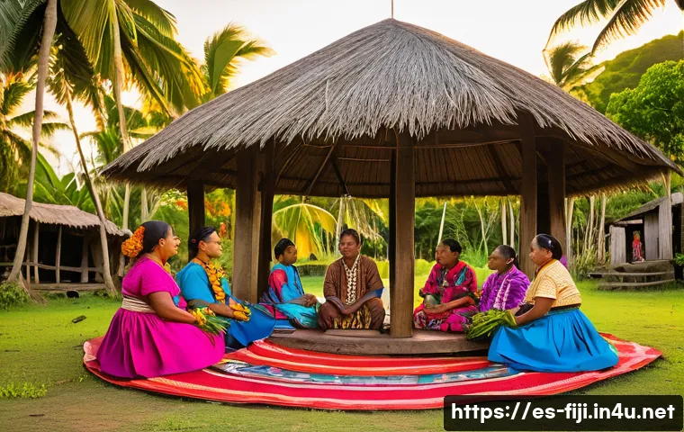 피지 원주민과 교류하는 법 - A vibrant Fijian village ceremony scene at sunset, with local people dressed in traditional modest a...