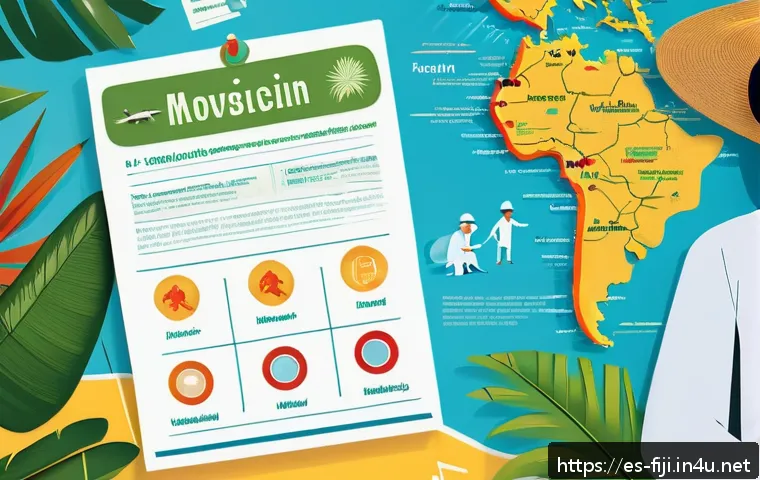 피지에서 조심해야 할 질병 - A detailed and vibrant travel health infographic scene depicting a traveler at a tropical Fijian res...