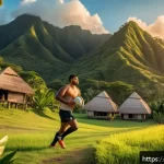 Home 23 피지 출신 유명 인물 - A determined young Fijian rugby player training on uneven, grassy terrain in a small village setting...