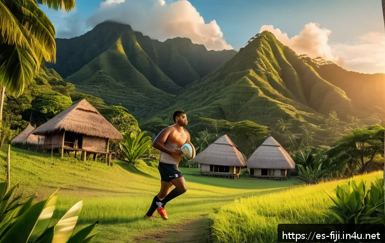 피지 출신 유명 인물 - A determined young Fijian rugby player training on uneven, grassy terrain in a small village setting...
