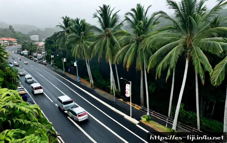 Home 17 피지의 대기 오염 수준 - Photorealistic wide view of Suva, Fiji at morning rush hour, tropical city street with cars and buse...