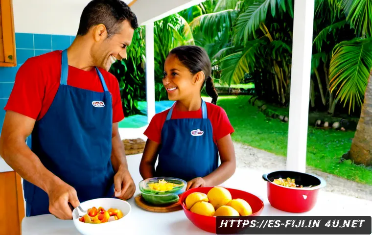 Home 17 피지에서 아이 키우기 - Photorealistic family lifestyle scene in Fiji, a smiling parent and two school-age children preparin...