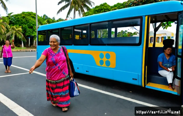 피지 대중교통 이용 방법 - Photorealistic morning scene in Suva, Fiji, a Spanish-speaking tourist and a local elderly Fijian wo...