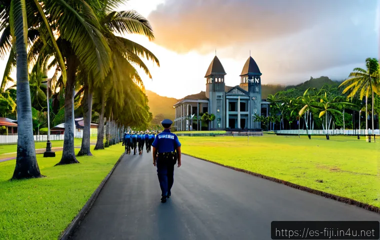 피지의 정치적 상황 - Photorealistic wide-angle view of Fiji’s parliamentary building in Suva at sunrise, diverse Fijian c...