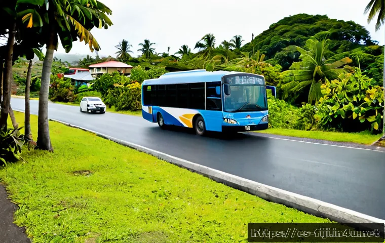 피지의 교통 시스템 - Photorealistic public bus traveling along a coastal road in Suva, Fiji, passengers visible through c...